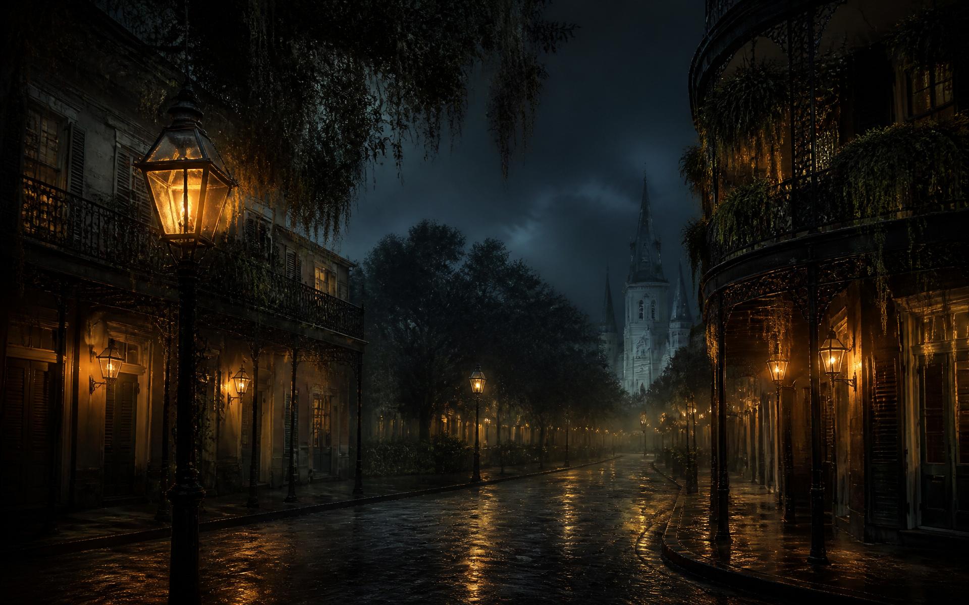 A gaslit street in the New Orleans French Quarter at night, wrought-iron balconies dripping with Spanish moss